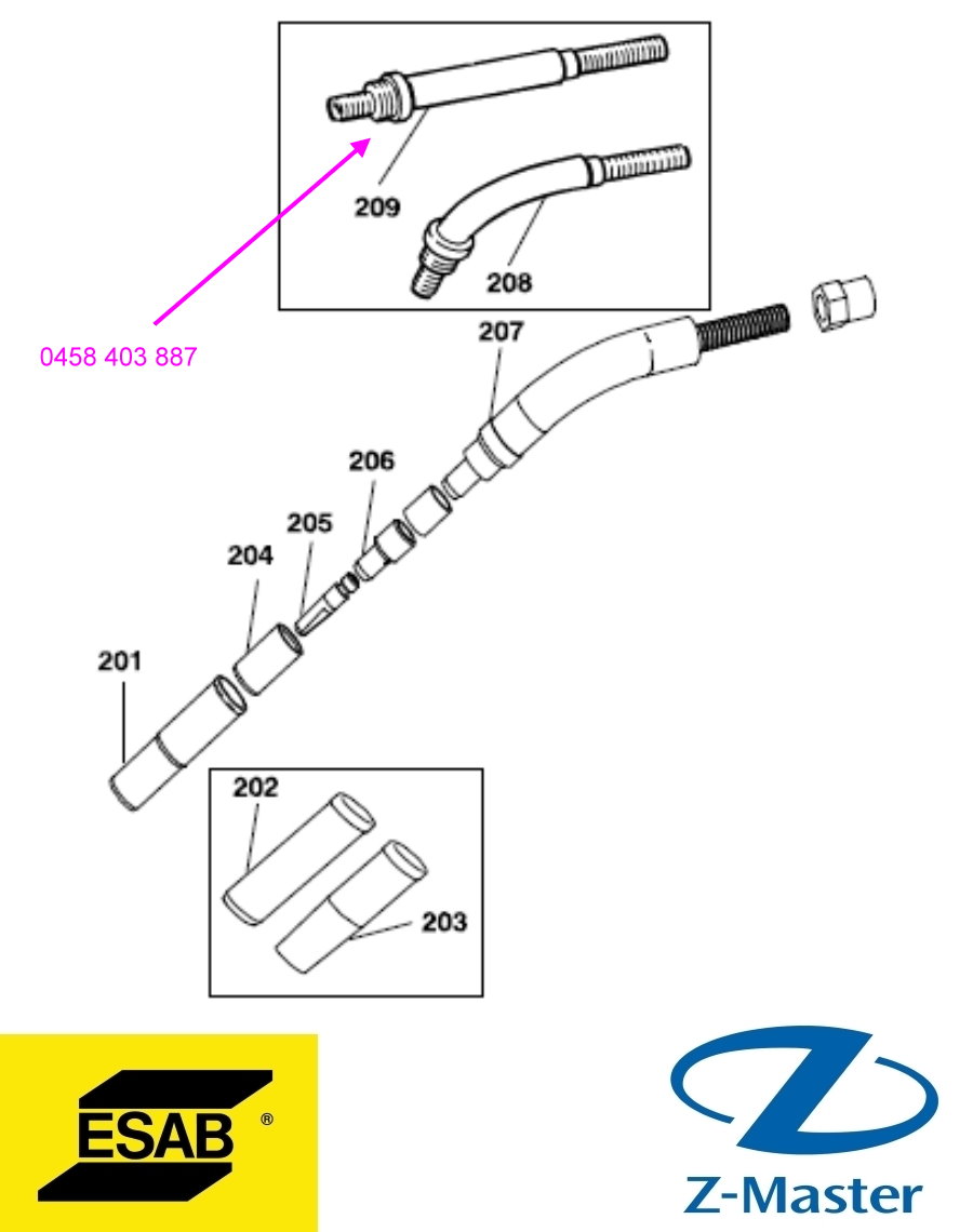 Шейка горелки PSF 510w, прямая 0458403887 Esab